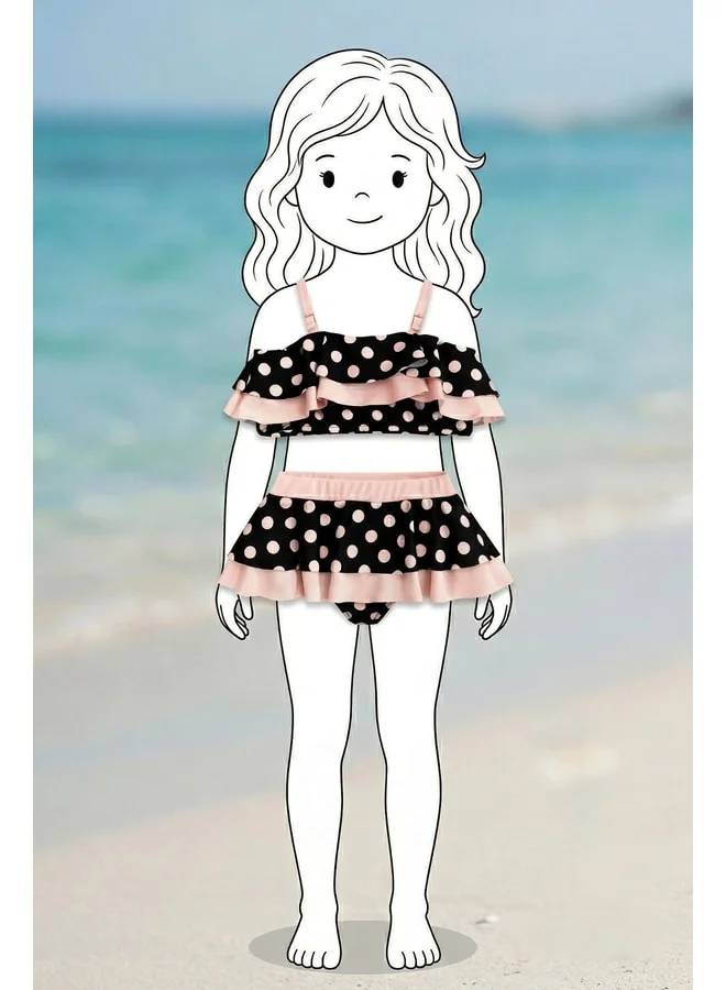 zuzunga Polka‑Dot Patterned Frilled Black Girl's Skirted Bikini Set.