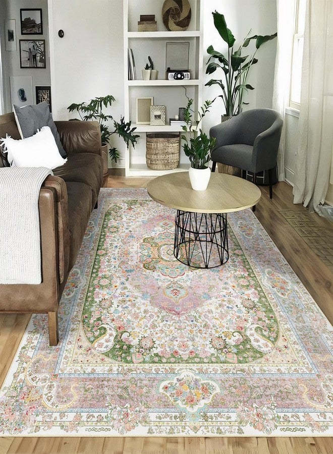 Castage 5x7 Area Rugs Washable,Pink Rug for Living Room Bedroom Kitchen,Large Boho Vintage Bohemian Distressed Carpet Non Slip,Blush Green - Image 3