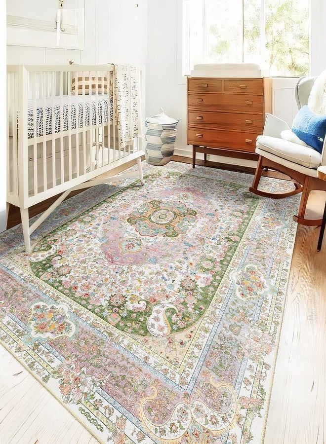 Castage 5x7 Area Rugs Washable,Pink Rug for Living Room Bedroom Kitchen,Large Boho Vintage Bohemian Distressed Carpet Non Slip,Blush Green - Image 5