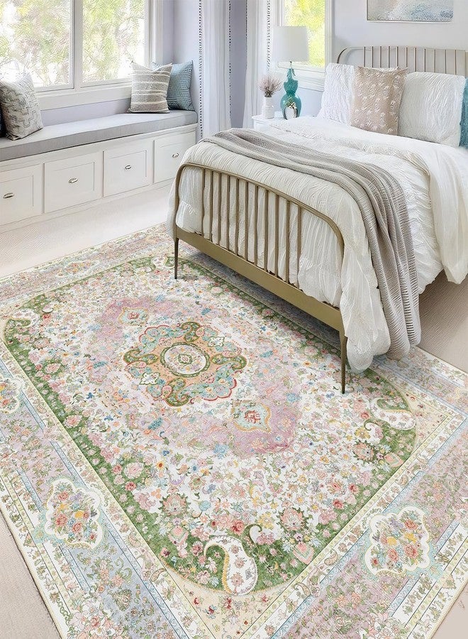 Castage 5x7 Area Rugs Washable,Pink Rug for Living Room Bedroom Kitchen,Large Boho Vintage Bohemian Distressed Carpet Non Slip,Blush Green - Image 4