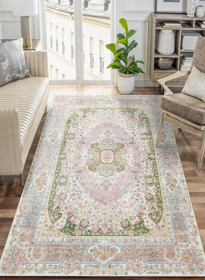 Castage 5x7 Area Rugs Washable,Pink Rug for Living Room Bedroom Kitchen,Large Boho Vintage Bohemian Distressed Carpet Non Slip,Blush Green - Image 2