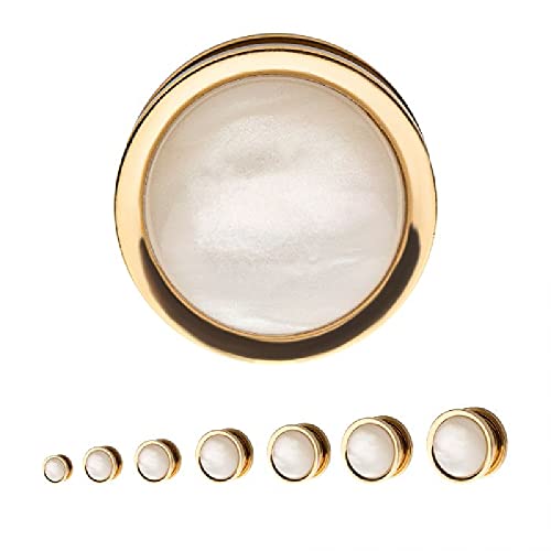 Pierced Owl Golden Rim with Large White Synthetic Pearl Stone Screw Fit Plug Gauges, Sold as a Pair (14mm (9/16")) - Image 3