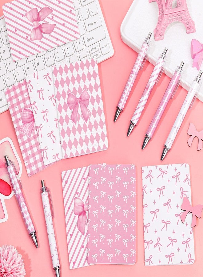 Whaline 24Pcs Valentine's Day Coquette Bow Ballpoint Retractable Pens and Notepads Set Cute Pink Ribbon Bow Pens with Notebook Women Teacher Gifts for Office Stationery School Bitrthday Party Supplies - Image 4