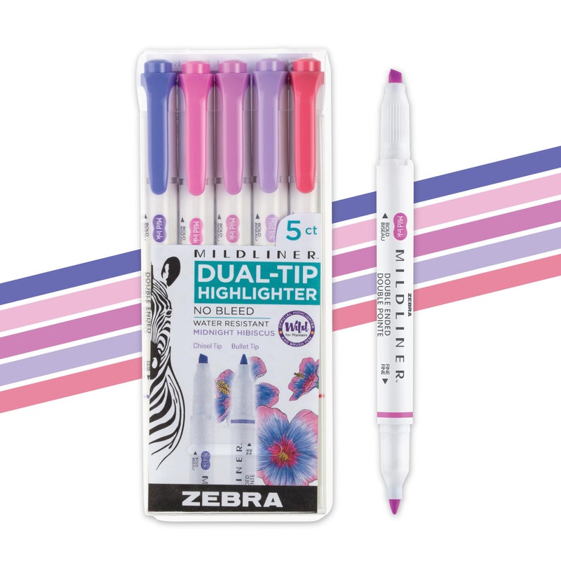 Zebra Pen Mildliner DualTip Highlighter Set Broad and Fine Tips No Bleed Ideal for Bible Highlighting Journaling and NoteTaking Assorted Midnight Hibiscus Ink Colors 5Pack 78375 - Image 2