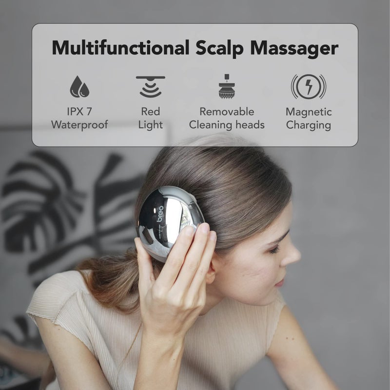 Breo Portable Mini Scalp Massager – IPX7 Waterproof Rechargeable Head Massager for Scalp Relax, Stress Relief Tool with Bamboo Wood Charging Base, Removable Massage Nodes (Silver with Base) - Image 2