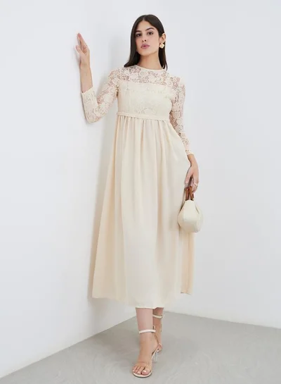 Styli Cream Lace Insert A-Line Maxi Dress