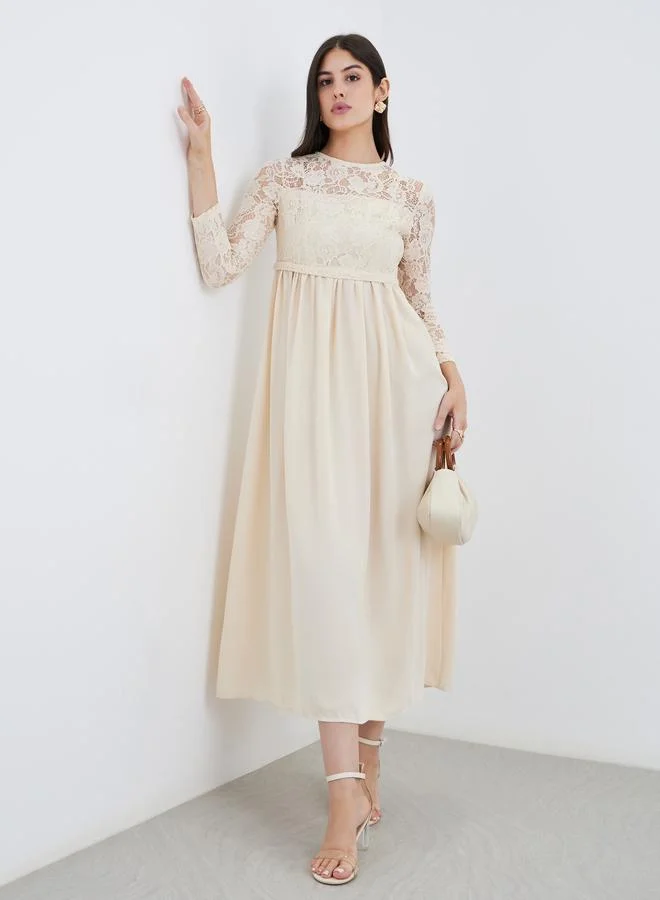 ستايلي Styli Cream Lace Insert A-Line Maxi Dress