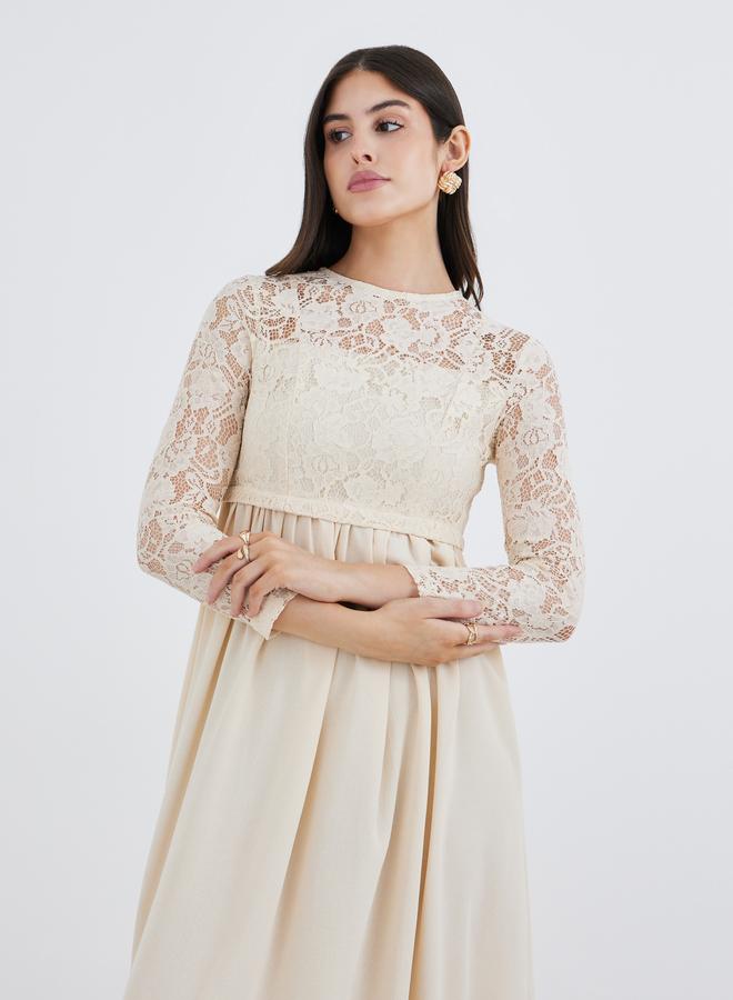 Styli Cream Lace Insert A-Line Maxi Dress - Image 3