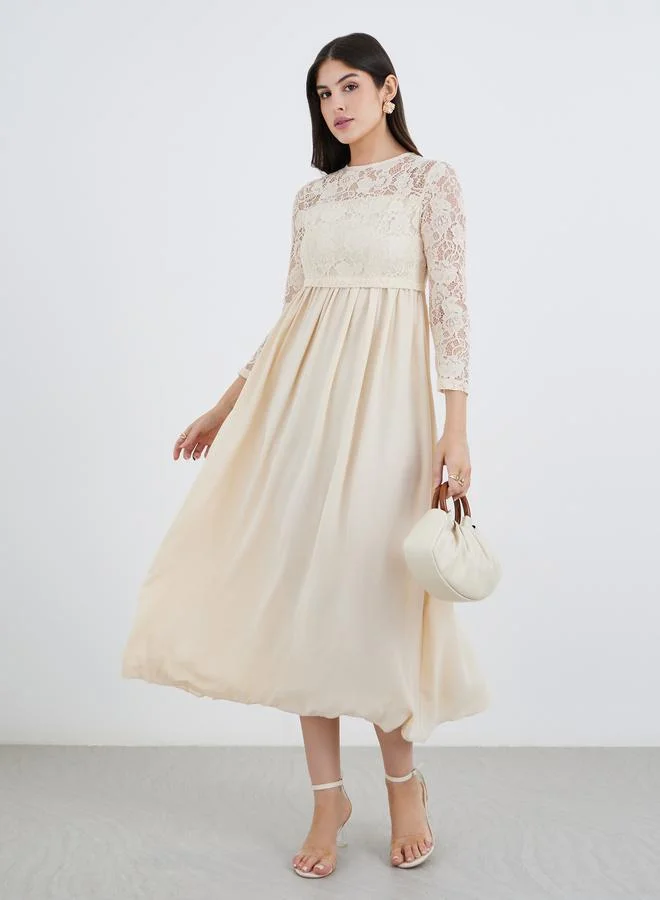 ستايلي Styli Cream Lace Insert A-Line Maxi Dress