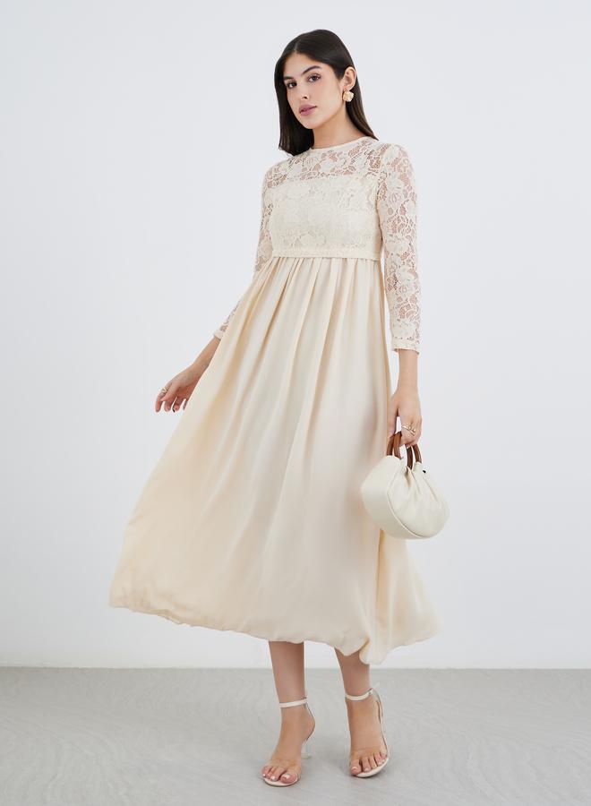 Styli Cream Lace Insert A-Line Maxi Dress - Image 2