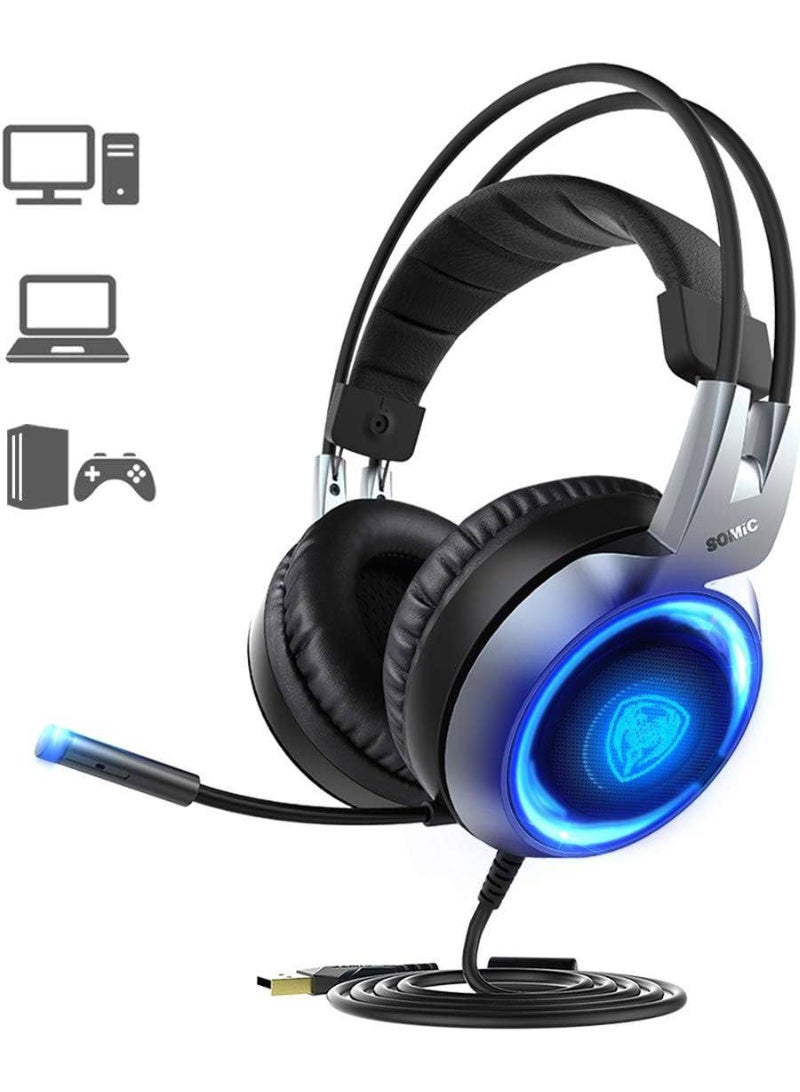 Somic G951 Virtual 7.1 Surround Sound Gaming Headset is a popular choice among gamers, who demand an immersive, vibrating virtual 7.1 surround sound experience and an attractive appearance with LED lighting. This headset features adjustable ear cups and a dual headband for extended gaming. It also features a microphone for clear voice communication. The headset uses a USB connection. - Image 5