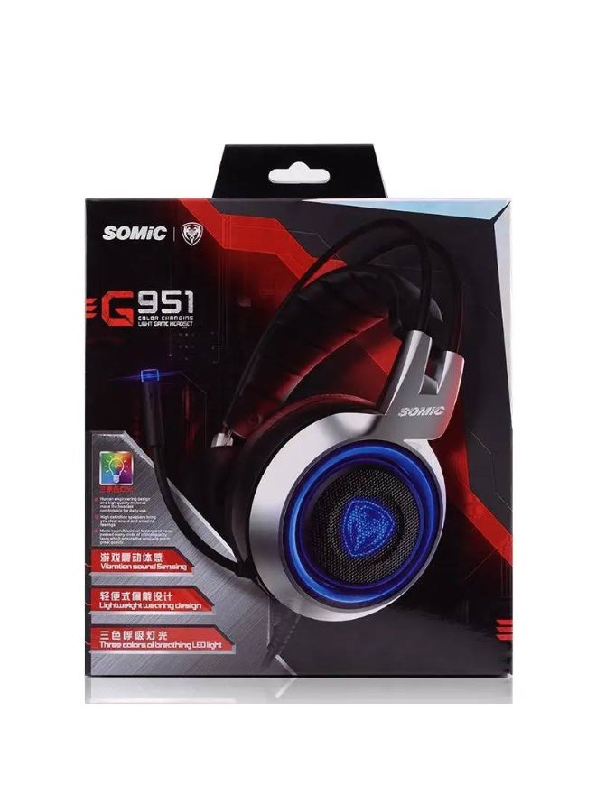 Somic G951 Virtual 7.1 Surround Sound Gaming Headset is a popular choice among gamers, who demand an immersive, vibrating virtual 7.1 surround sound experience and an attractive appearance with LED lighting. This headset features adjustable ear cups and a dual headband for extended gaming. It also features a microphone for clear voice communication. The headset uses a USB connection. - Image 2