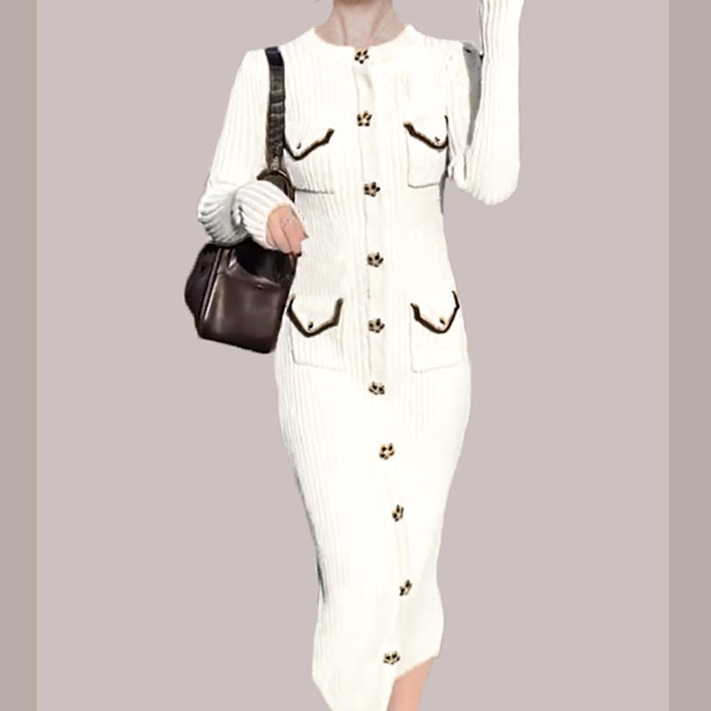 2023 Autumn and Winter Korean Style Rhinestone Petal Buckle Cardigan Long Knitted Dress Womens Elegant Fragrant Sweater Dress 6040 White