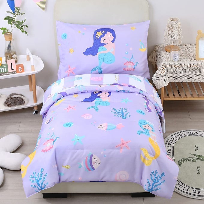4PIECE TODDLER BEDDING SET ULTRA SOFT CARTOON MERMAID GIRLS TODDLER COMFORTER SET CORAL STARFISH INCLUDE COMFORTER FLAT SHEET FITTED SHEET AND REVERSIBLE PILLOWCASE PURPLE MERMAID
