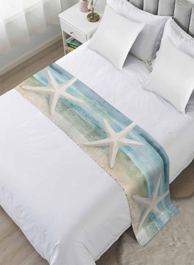 Ldtrchee Bed Runner for Queen Size, Coastal Beach Decorative Scarf Throws for Foot of Bed, Summer Retro Starfish Wave Luxury Bedding Protector Slipcover Beds Runners for Hotel/Home, 83 x 20 Inch - Image 1