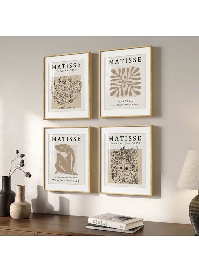 Cuspin Framed Matisse Neutral Wall Art Set of 4, Beige Abstract Modern Minimalist Botanical Prints for Bathroom Living Room Dining Room Bedroom Home Office Decor, 12x16 Inch - Image 1