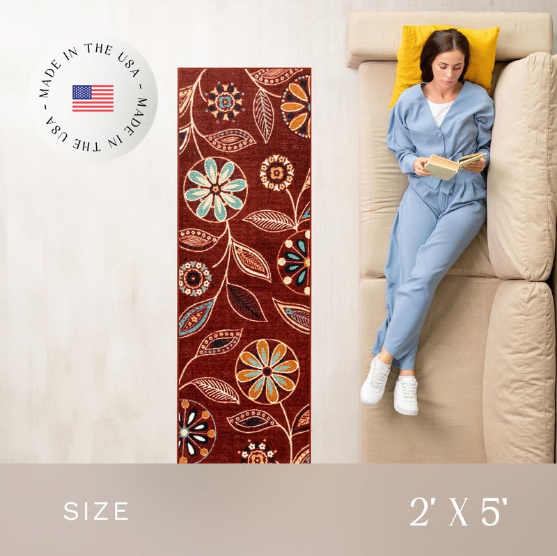 Maples Rugs Reggie Floral Runner Rug - Made in USA - Washable, Non Slip Indoor Carpet for Kitchen, Hallway, and Laundry Room, 2' x 5', Merlot - Image 3
