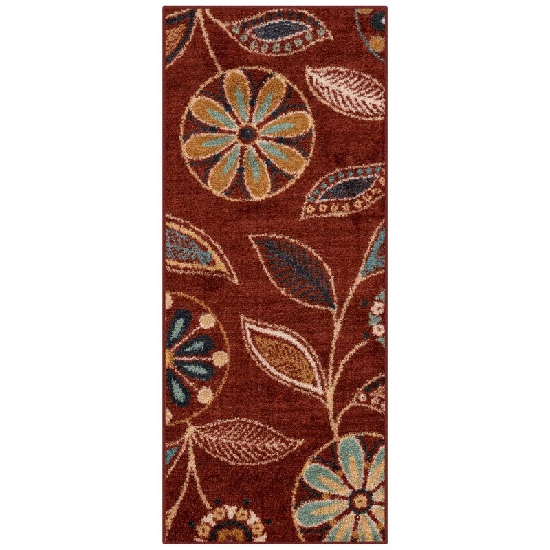 Maples Rugs Reggie Floral Runner Rug - Made in USA - Washable, Non Slip Indoor Carpet for Kitchen, Hallway, and Laundry Room, 2' x 5', Merlot - Image 1