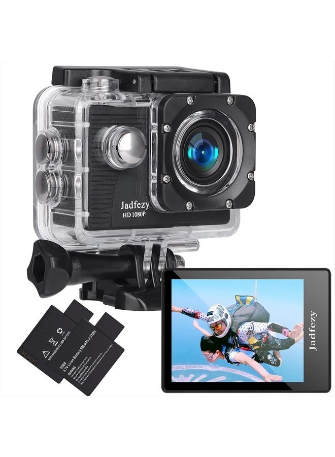 Jadfezy Action Camera FHD 1080P 12MP, 98FT/30M Underwater Waterproof Camera with 2 Batteries, Wide Angle Sports Camera with Accessories Kit Suitable for Helmet, Bicycle, etc. - Image 1
