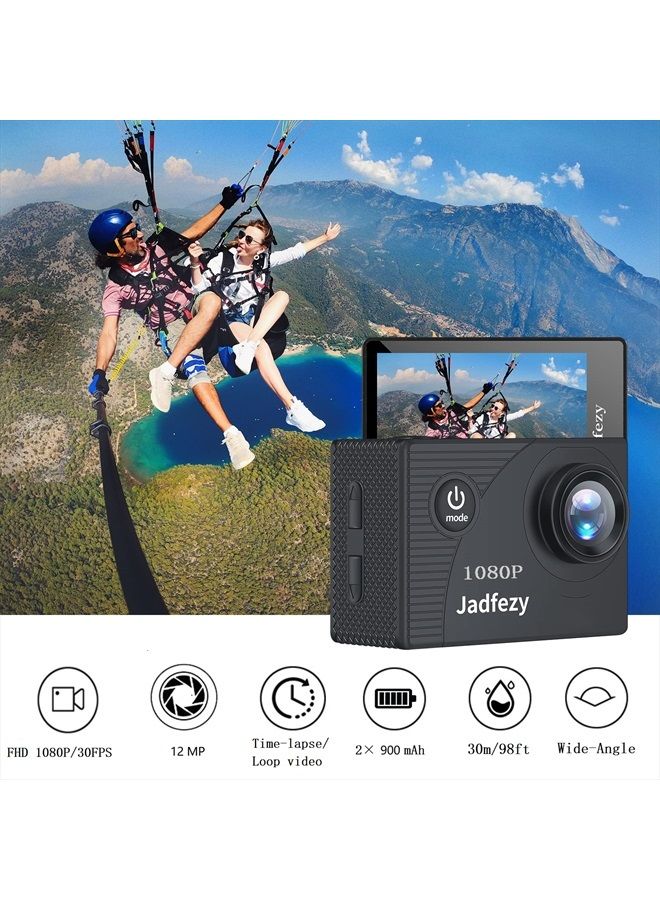Jadfezy Action Camera FHD 1080P 12MP, 98FT/30M Underwater Waterproof Camera with 2 Batteries, Wide Angle Sports Camera with Accessories Kit Suitable for Helmet, Bicycle, etc. - Image 2