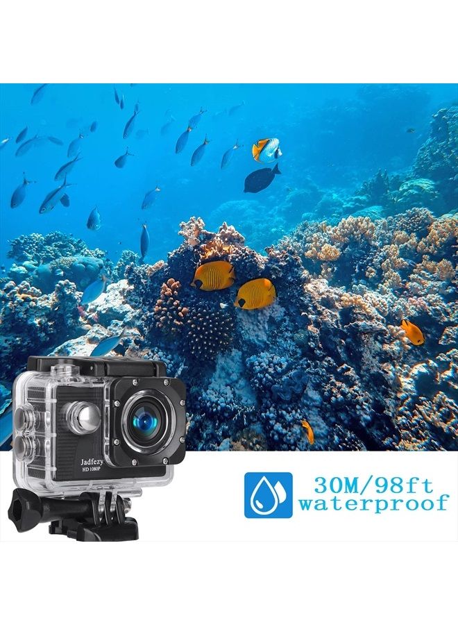 Jadfezy Action Camera FHD 1080P 12MP, 98FT/30M Underwater Waterproof Camera with 2 Batteries, Wide Angle Sports Camera with Accessories Kit Suitable for Helmet, Bicycle, etc. - Image 3