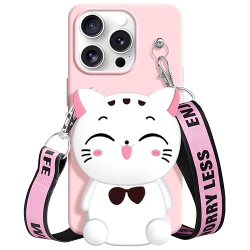 SGVAHY Wallet Case for iPhone 12 Pro Max with Strap Lanyard Cute Cat Pink Coin Purse Funny Phone Case Kawaii Soft Silicone Shockproof Cover for Women Girls - Image 1