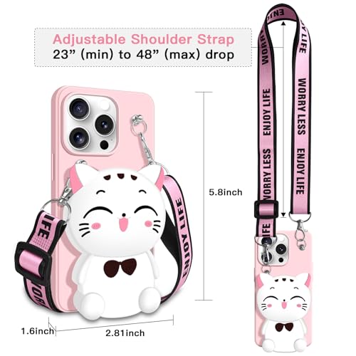 SGVAHY Wallet Case for iPhone 12 Pro Max with Strap Lanyard Cute Cat Pink Coin Purse Funny Phone Case Kawaii Soft Silicone Shockproof Cover for Women Girls - Image 2