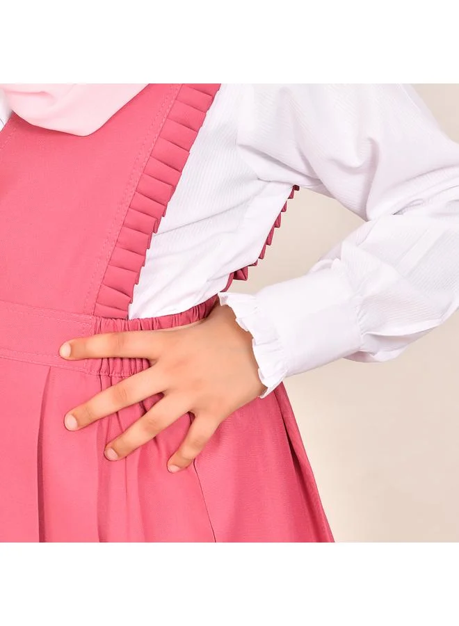 HAWRAA ABAYA مريول وردي بقصة مثلثه وكشكش ناعم وزم من الجانبين-ابتدائي