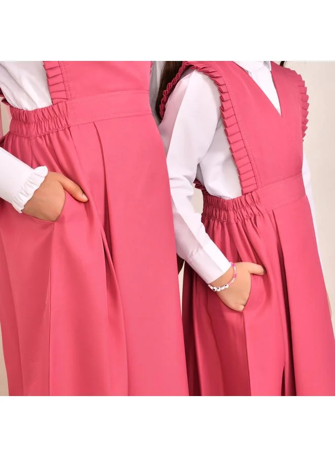 HAWRAA ABAYA مريول وردي بقصة مثلثه وكشكش ناعم وزم من الجانبين-ابتدائي