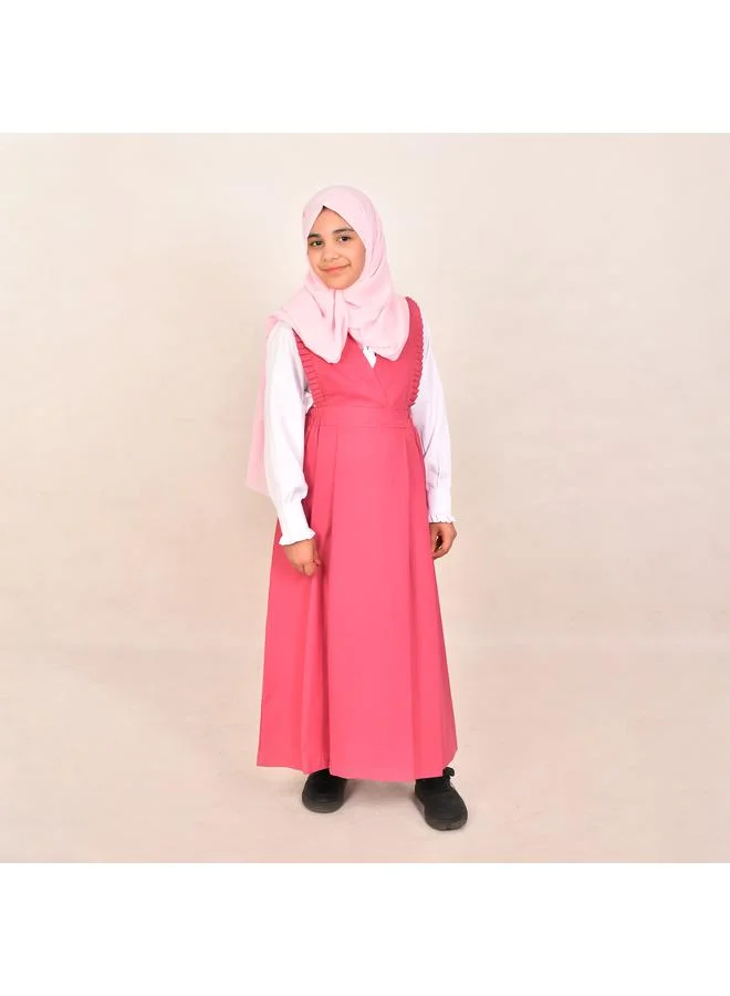 HAWRAA ABAYA مريول وردي بقصة مثلثه وكشكش ناعم وزم من الجانبين-ابتدائي