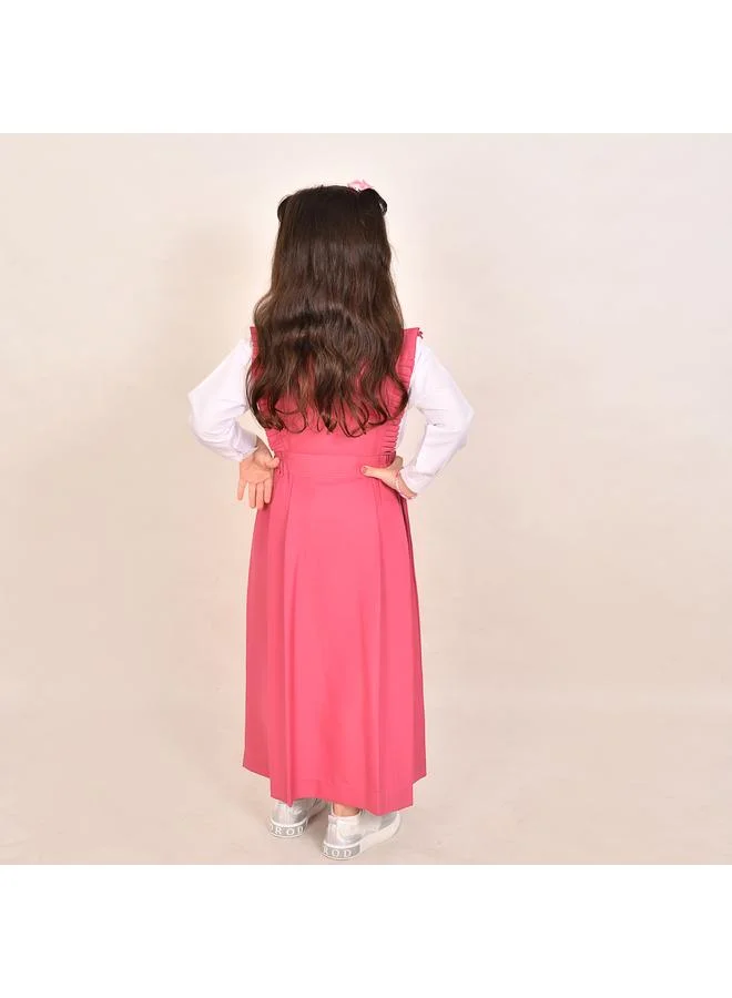 HAWRAA ABAYA مريول وردي بقصة مثلثه وكشكش ناعم وزم من الجانبين-ابتدائي
