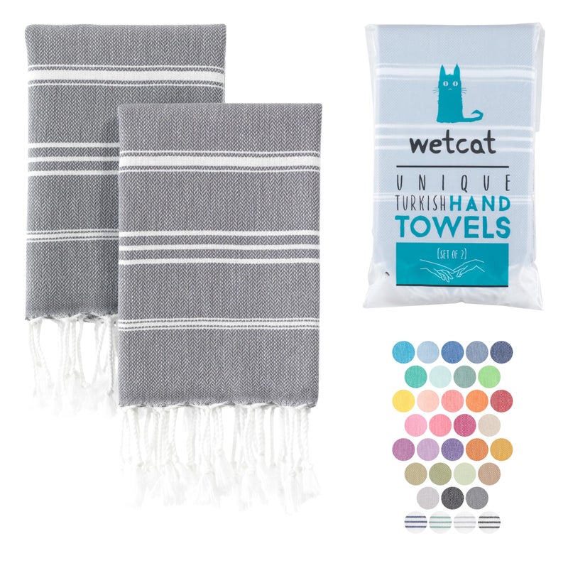 WETCAT Turkish Hand Towels with Hanging Loop Set of 2 20 x 30 100 Turkish Cotton PreWashed Quick Drying for Kitchen or Bathroom  Dark Gray