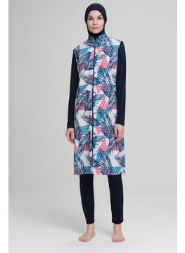 Nehar Palm Tree Patterned Navy Blue Vest 3 Piece Hijab Swimsuit Set 2212  - Image 1