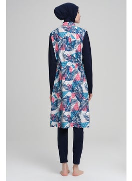 Nehar Palm Tree Patterned Navy Blue Vest 3 Piece Hijab Swimsuit Set 2212  - Image 3