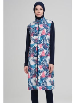 Nehar Palm Tree Patterned Navy Blue Vest 3 Piece Hijab Swimsuit Set 2212  - Image 2