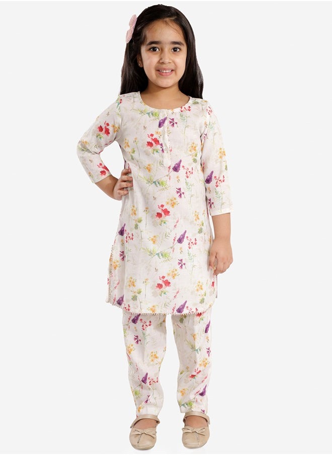 PRASHA - Girls Printed Floral Linen Kurta And Straight Pant Set - Image 1