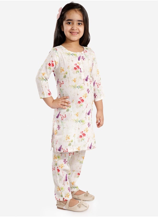 PRASHA - Girls Printed Floral Linen Kurta And Straight Pant Set - Image 1