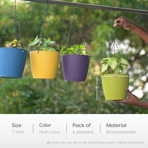 Eha Earth Friendly Lush Hanging Pot 7 inch Self Watering Hanging Planters for Balcony | Set of 4 Hanging Pots for Plants | Bamboo Based and UV Resistant | Gamla for Plants | Multicolor - Image 2