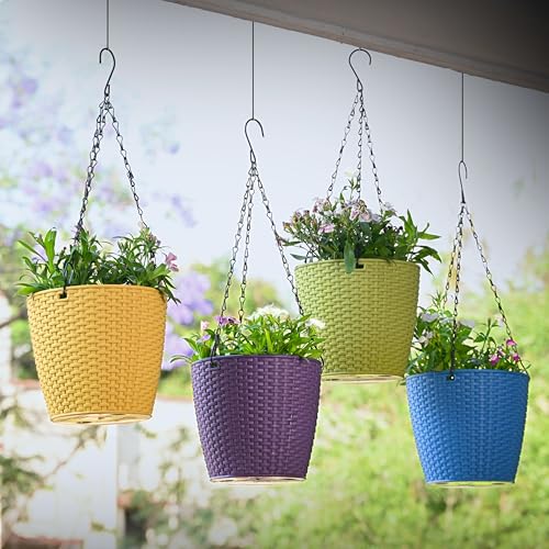 Eha Earth Friendly Lush Hanging Pot 7 inch Self Watering Hanging Planters for Balcony | Set of 4 Hanging Pots for Plants | Bamboo Based and UV Resistant | Gamla for Plants | Multicolor - Image 1