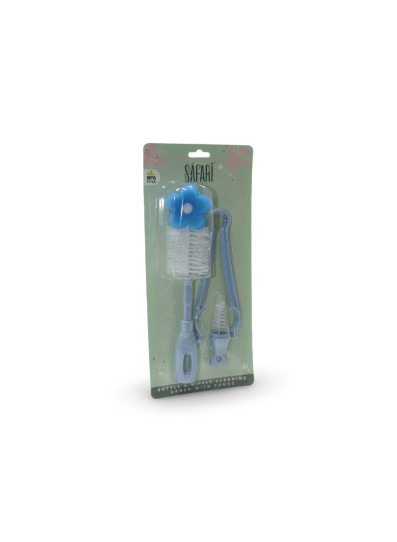 Safari Baby Bottle & Nipple Cleaning Brush with Tongs – Blue - Image 1