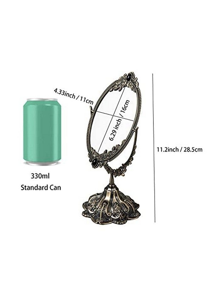 فيارل مرآة مكياج معدنية صغيرة عتيقة على شكل زهور، مرآة دوارة بيضاوية على الوجهين مع حامل ديكور أنيق لغرفة النوم وغرفة الملابس (برونزية) - Image 2