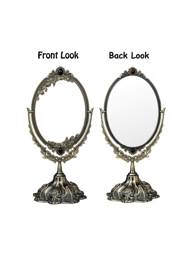 فيارل مرآة مكياج معدنية صغيرة عتيقة على شكل زهور، مرآة دوارة بيضاوية على الوجهين مع حامل ديكور أنيق لغرفة النوم وغرفة الملابس (برونزية) - Image 4