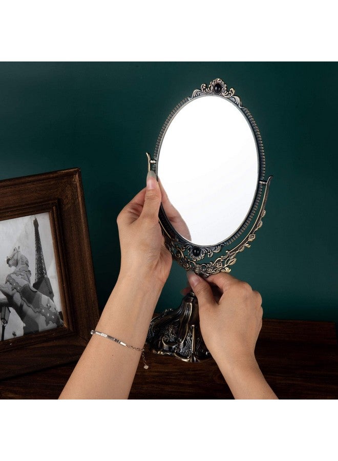 فيارل مرآة مكياج معدنية صغيرة عتيقة على شكل زهور، مرآة دوارة بيضاوية على الوجهين مع حامل ديكور أنيق لغرفة النوم وغرفة الملابس (برونزية) - Image 3