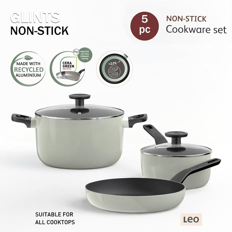 Berghoff Glints Nonstick Ceramic Cookware Set 5 Piece, Non-toxic, Stay-Cool Handles, 16 cm Saucepan, 24 cm Frying Pan, 24cm Stockpot PFAS & PFOA Free, Induction Base, Oven Safe, Sage/Soft Oliver Green - Image 5