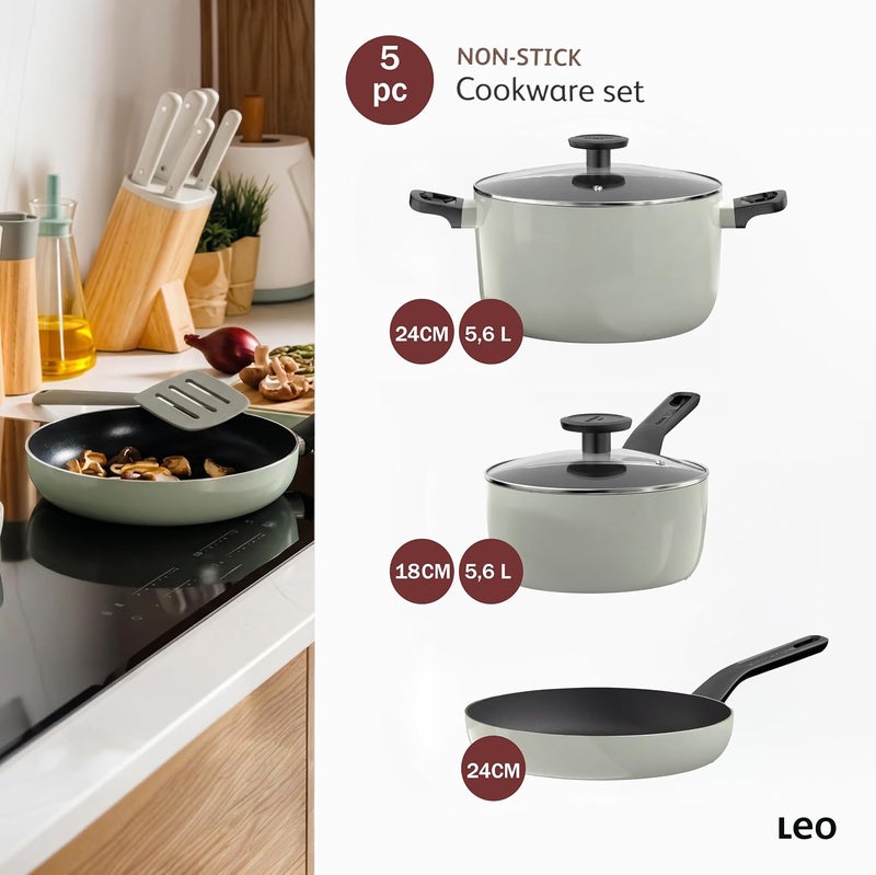 Berghoff Glints Nonstick Ceramic Cookware Set 5 Piece, Non-toxic, Stay-Cool Handles, 16 cm Saucepan, 24 cm Frying Pan, 24cm Stockpot PFAS & PFOA Free, Induction Base, Oven Safe, Sage/Soft Oliver Green - Image 2