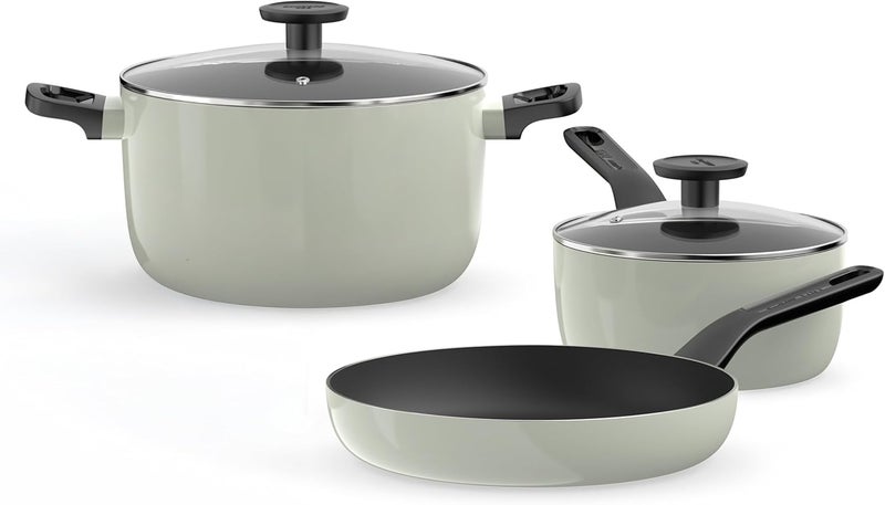 Berghoff Glints Nonstick Ceramic Cookware Set 5 Piece, Non-toxic, Stay-Cool Handles, 16 cm Saucepan, 24 cm Frying Pan, 24cm Stockpot PFAS & PFOA Free, Induction Base, Oven Safe, Sage/Soft Oliver Green - Image 1