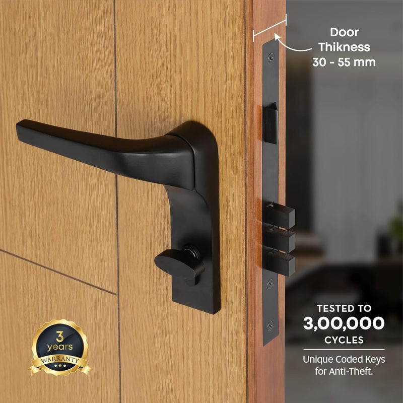 LAPO LAPO Premium Mortise Door Locks for Main Door Lock for Bedroom Door Lock Handlesets with Brass Lock Body Set with 3 Key Main Door Locks for Home Black Finish 3 Years Warranty Ro276  - Image 2