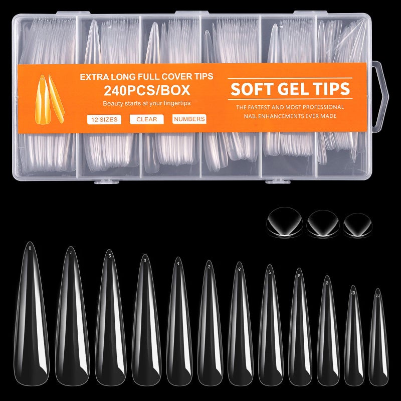 Cycullinyt Long Stiletto Nail Tips, 240Pcs Full Cover Soft Gel Nail Tips Pre-shaped 3XL Stiletto Shape Clear Acrylic False Nail Fake Nail Extension Press On for Salon Home DIY 12 Sizes - Image 1