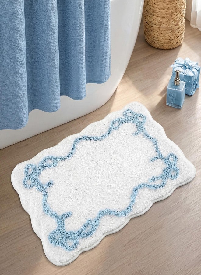 Tinideya Bow Bathmat Rug with Scalloped Wavy Ripple Design, Microfiber Absorbent Non Slip Tufted Rug Aesthetic Coquette Room Decor for Floor Shower Kitchen 15.8 x 23.6 Inch(Blue) - Image 1