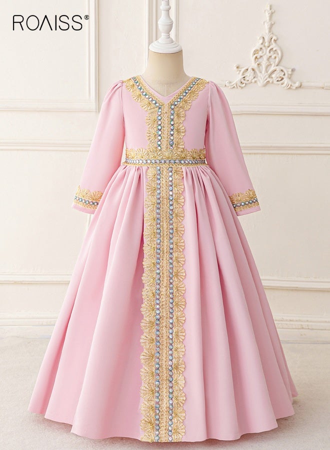 رويس عباءة رمضان للبنات، فستان بأكمام طويلة ورقبة على شكل V، فستان ماكسي رائع مع بطانة، فستان أميرة فاخر بسحاب خلفي، فستان حفلات راقص رائع للبنات، مناسب للمناسبات الرسمية وغير الرسمية - Image 1